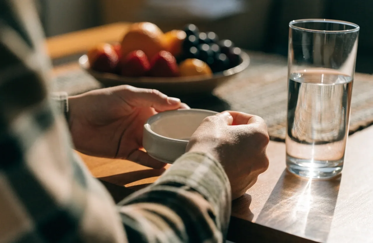 A man sitting at a table by a window with a glass of water and a closed dish in morning light