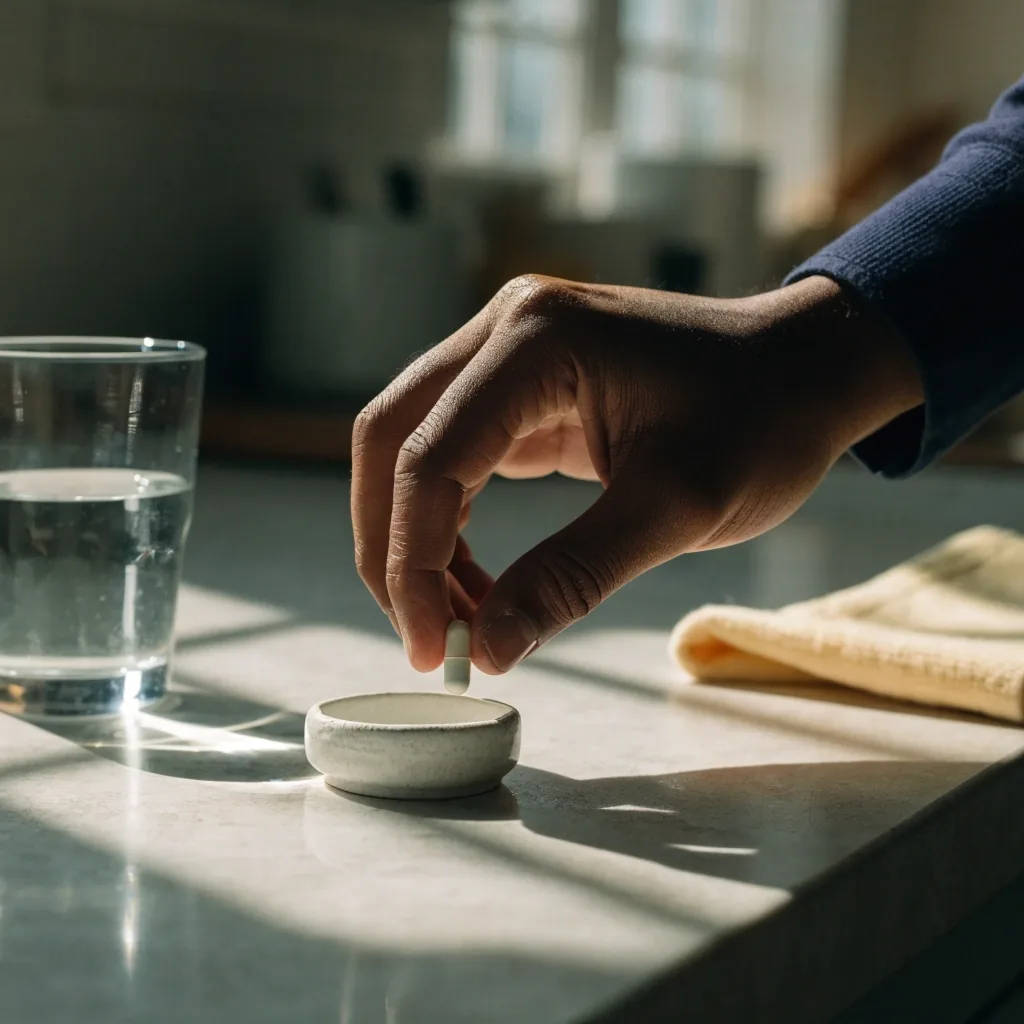 A man measuring an unlabeled capsule from a small dish into his palm at a sunlit kitchen counter beside a glass of water
