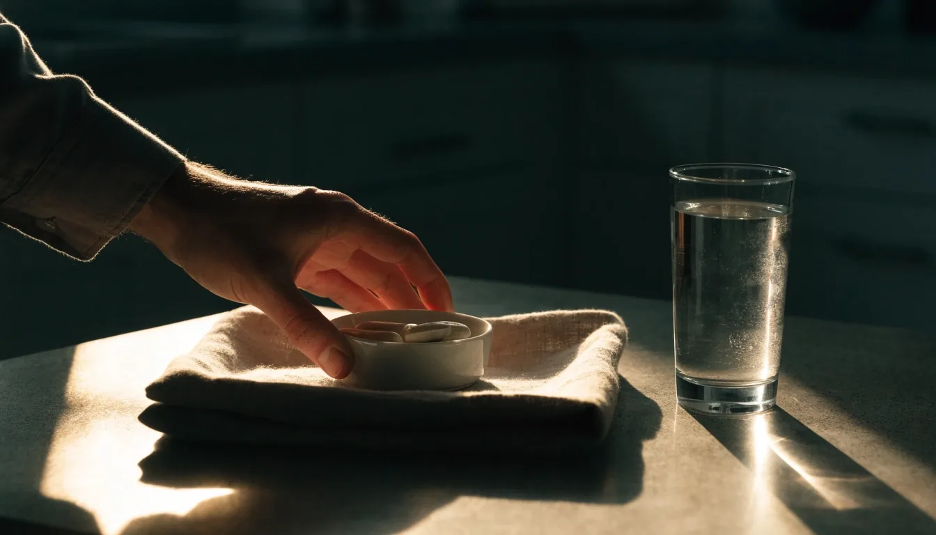 A hand placing an unlabeled supplement dish on a tray beside a glass of water on a kitchen counter at dawn