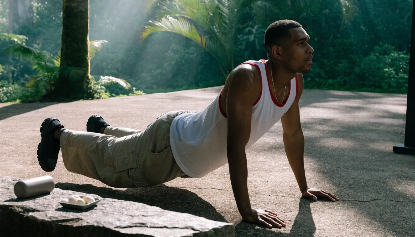 A man training outdoors in early daylight with a water bottle and a small unlabeled supplement dish on a ledge beside him