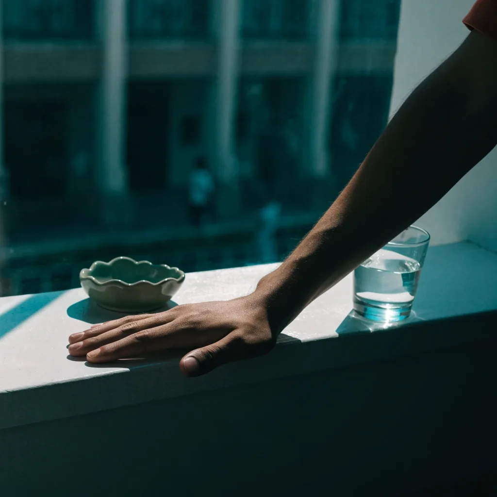 A glass of water and a small matte dish on cloth under hard side light