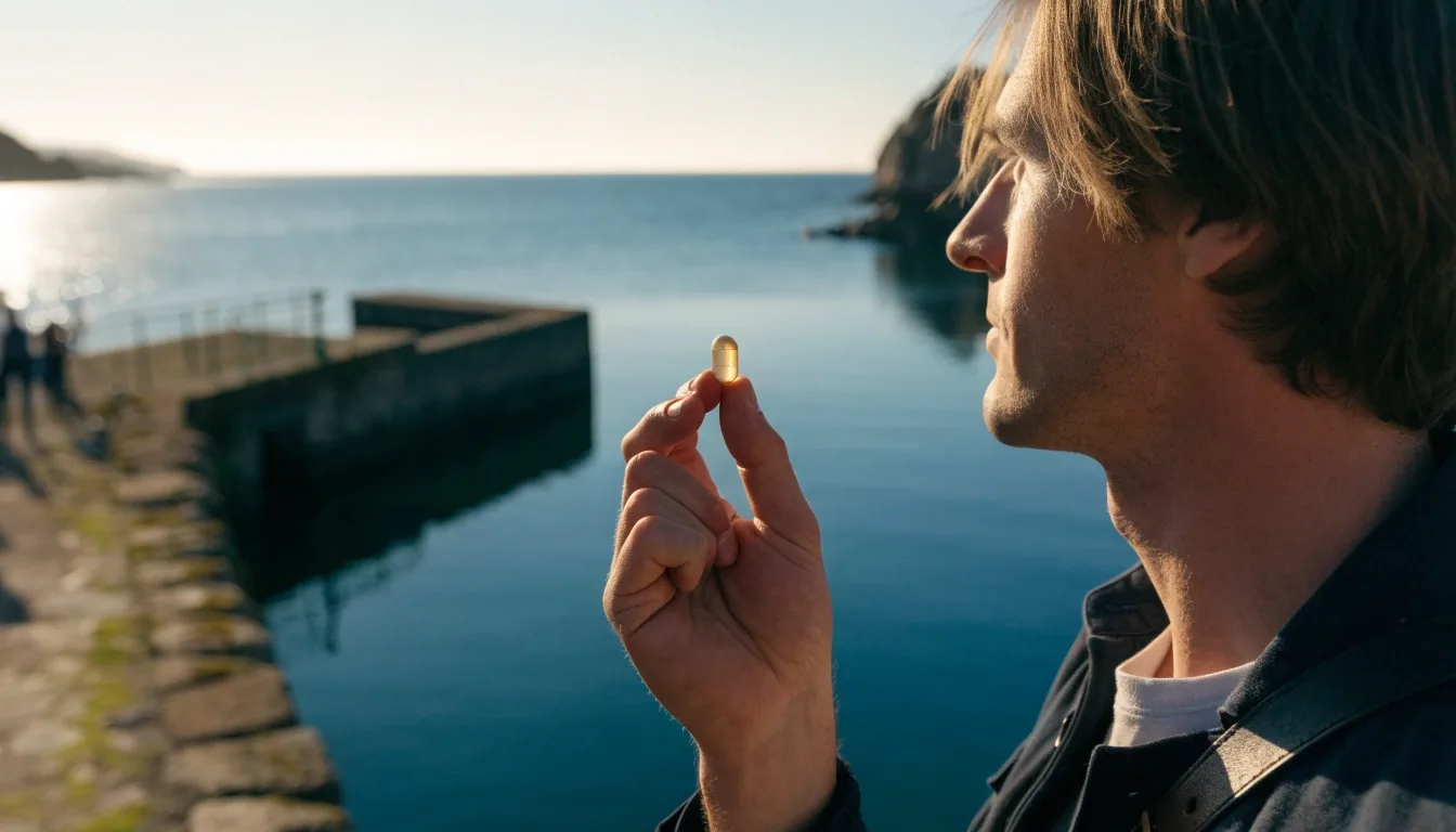 A man on a sunlit harbour quay holding a single unlabelled capsule up to open-sea daylight