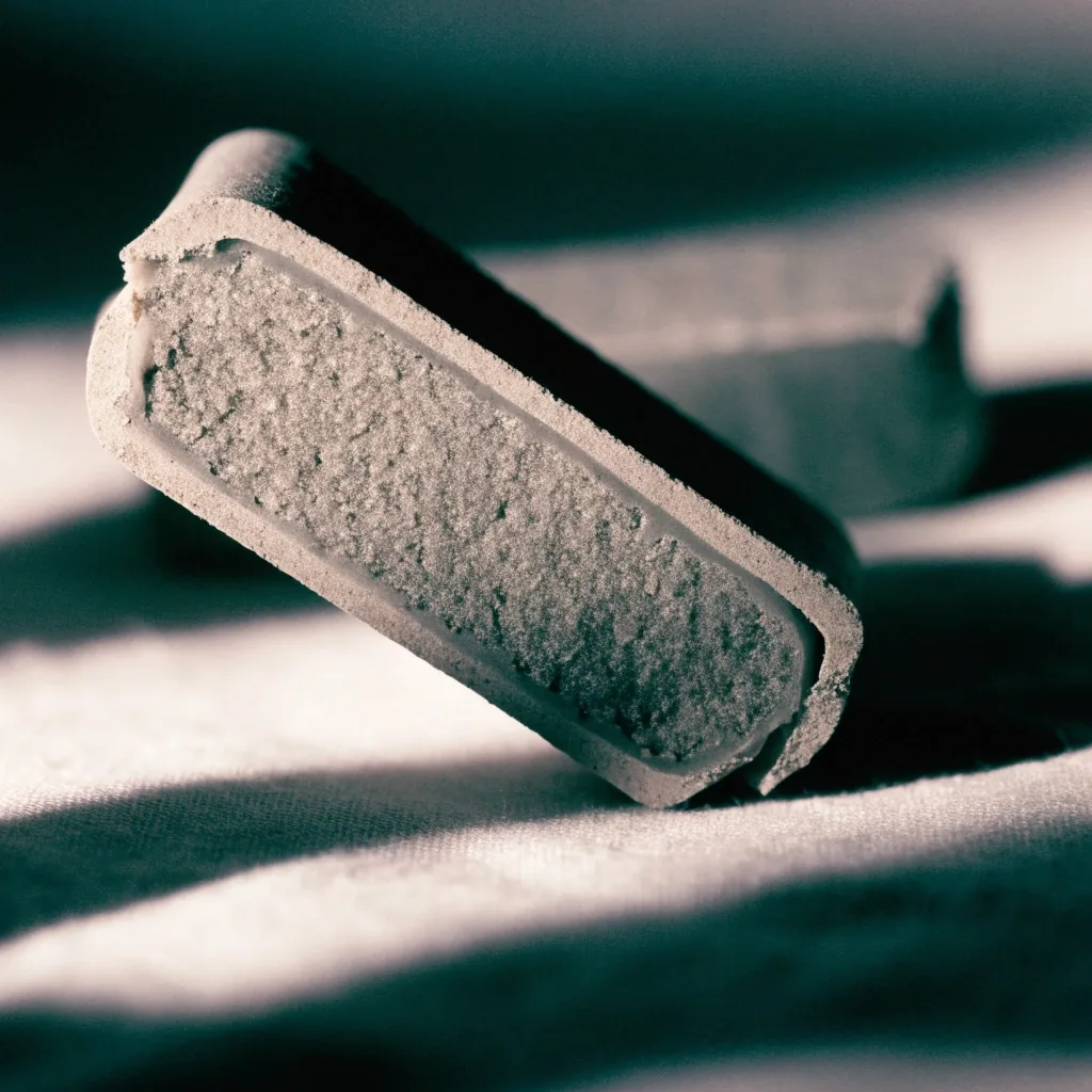 Extreme macro of one unlabelled tablet split in half on matte cloth under a single raking light