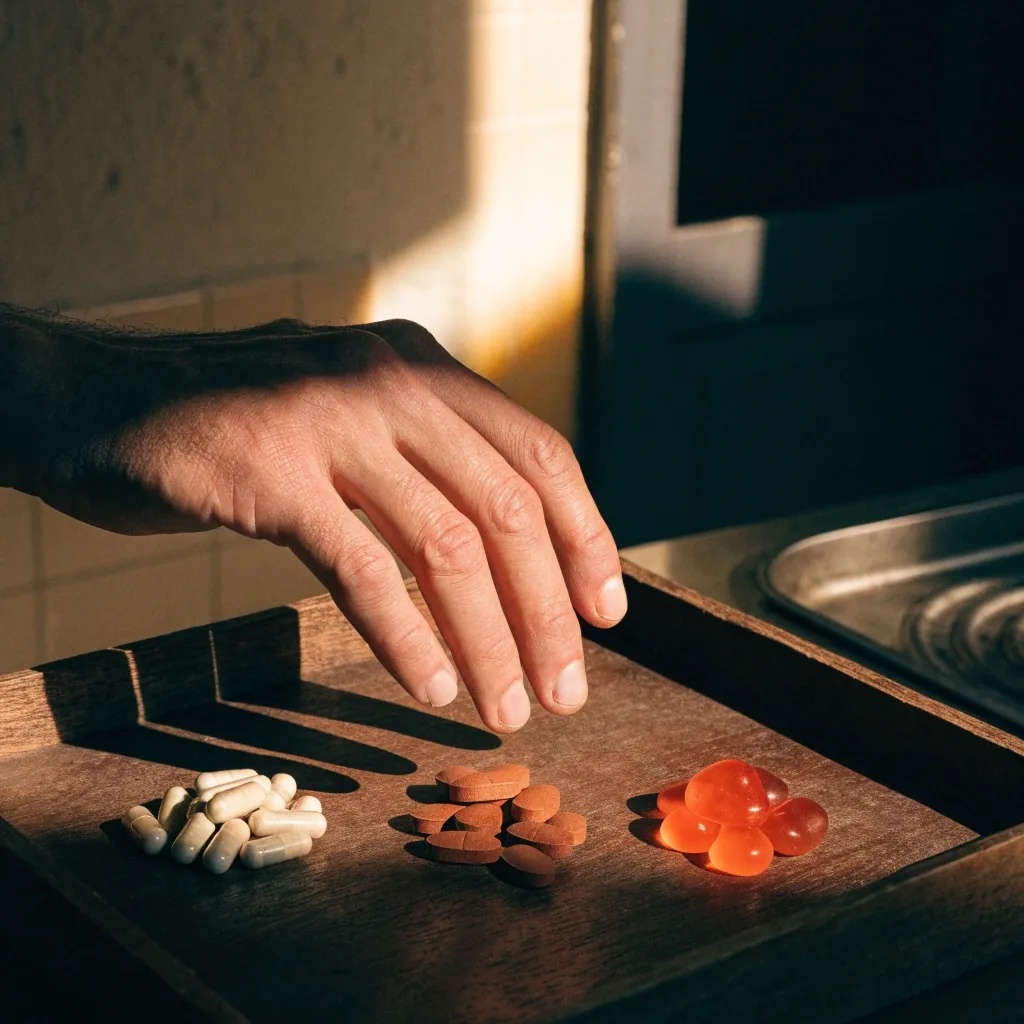 Unlabeled capsules, tablets and gummies fanned in three rows on matte cloth under hard side light