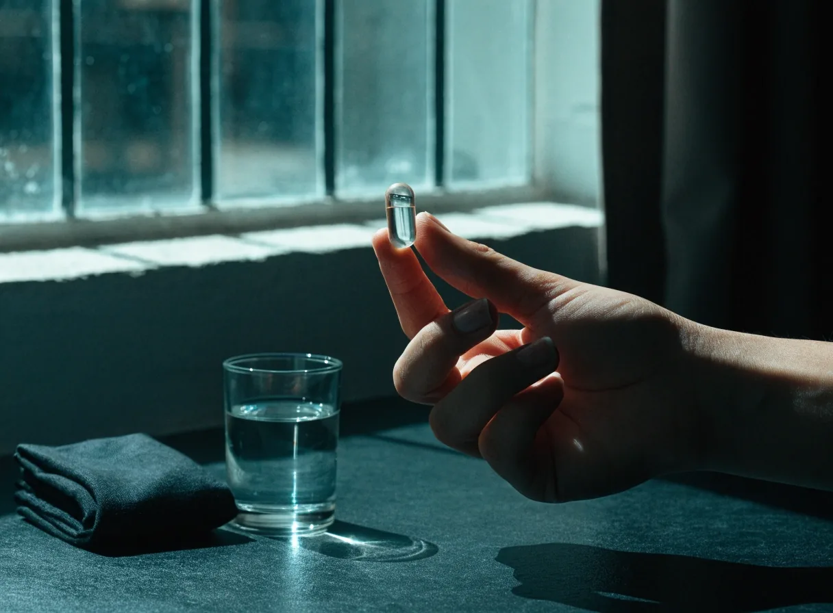 A hand holding one unlabeled clear capsule up to bright daylight above dark cloth