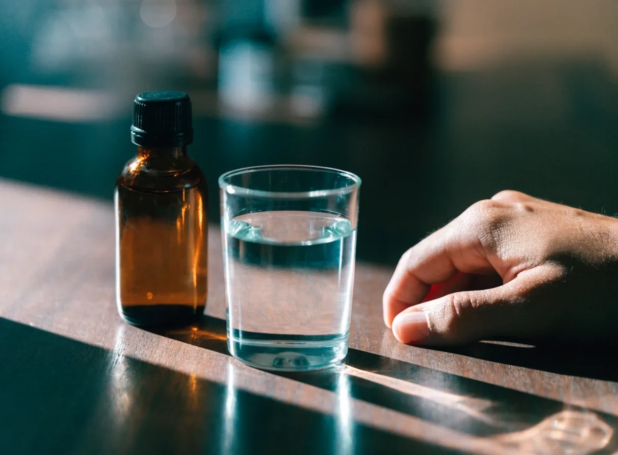 A glass of water and a closed matte dish side by side on dark cloth under hard side light