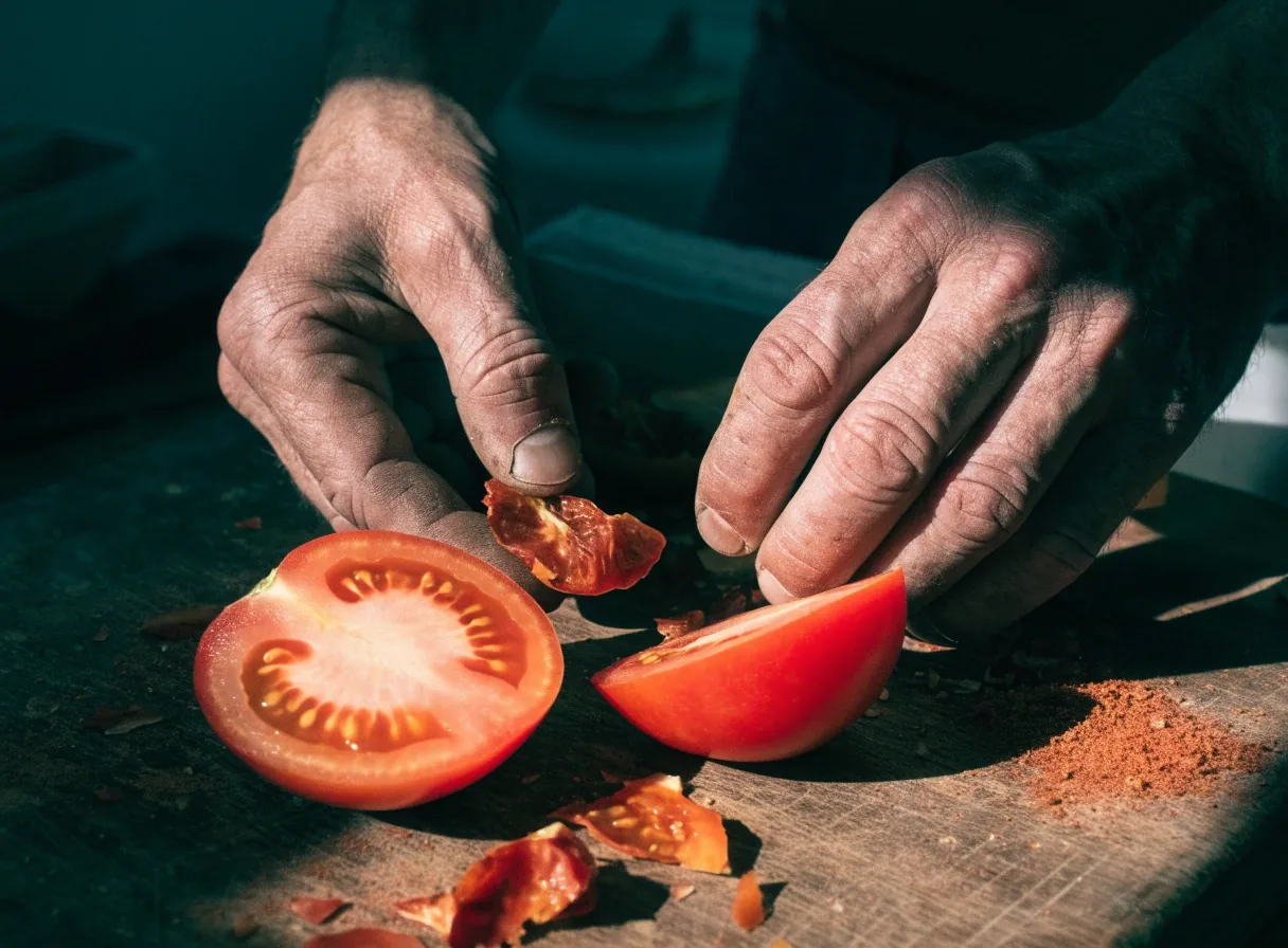 An open dish of plant leaf, ground root, and powder arranged on dark cloth under raking light