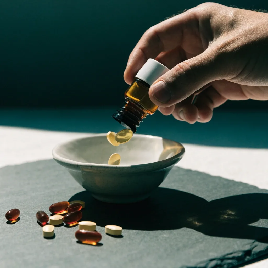 Unlabeled tablets and soft gel capsules fanned in rows on matte cloth under hard side light