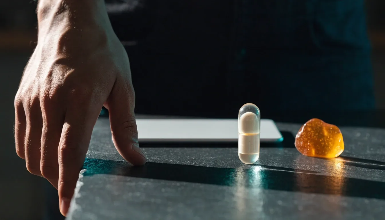 A plain tablet, a translucent capsule and a soft gummy laid in a row on dark cloth under raking side light