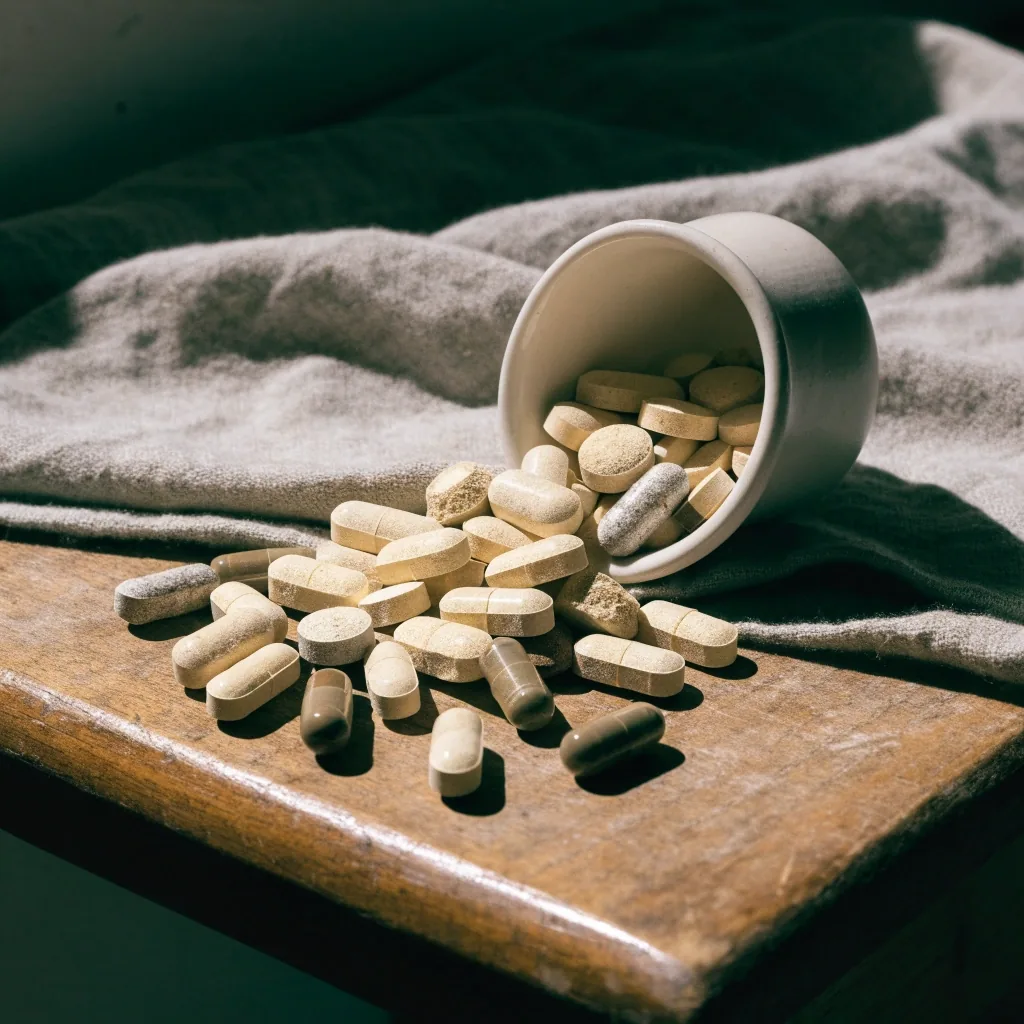 Unlabeled tablets and matte capsules tipped from a dish onto unbleached cloth under raking light
