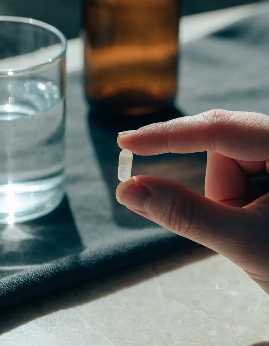 An unlabeled capsule held up between two fingers over matte cloth, with more capsules in a small dish behind