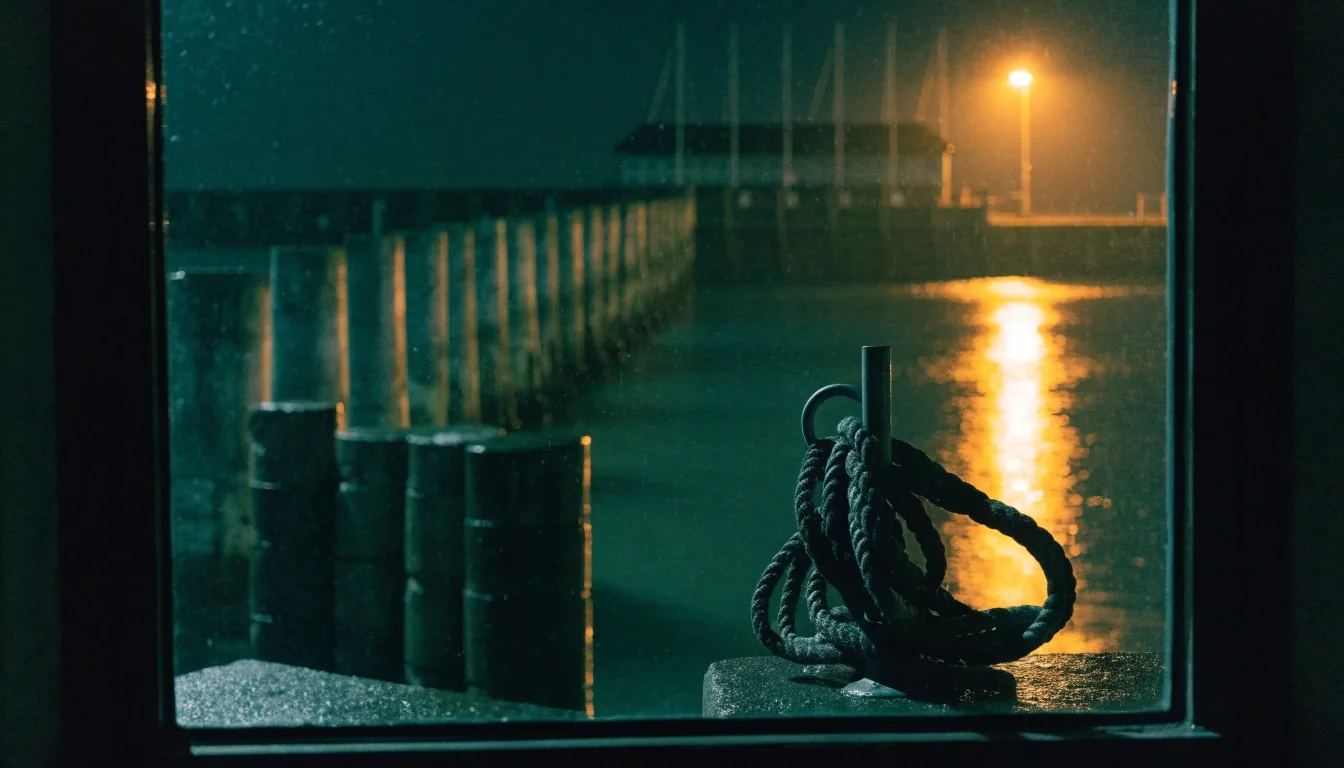Quayside below a signal station at midnight, sodium light on wet stone and a coiled halyard on a peg