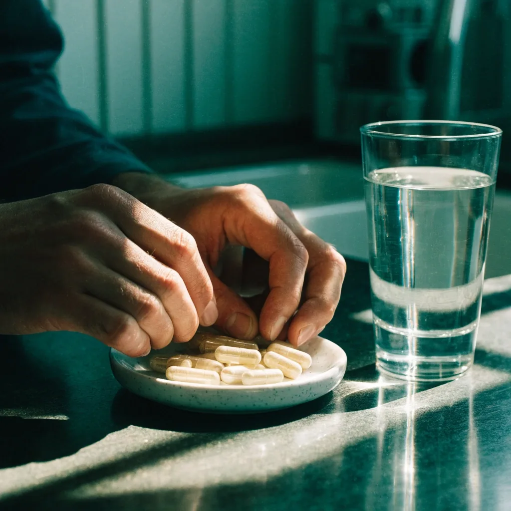 A hand lifting unlabeled capsules from a small dish on cloth in hard afternoon light