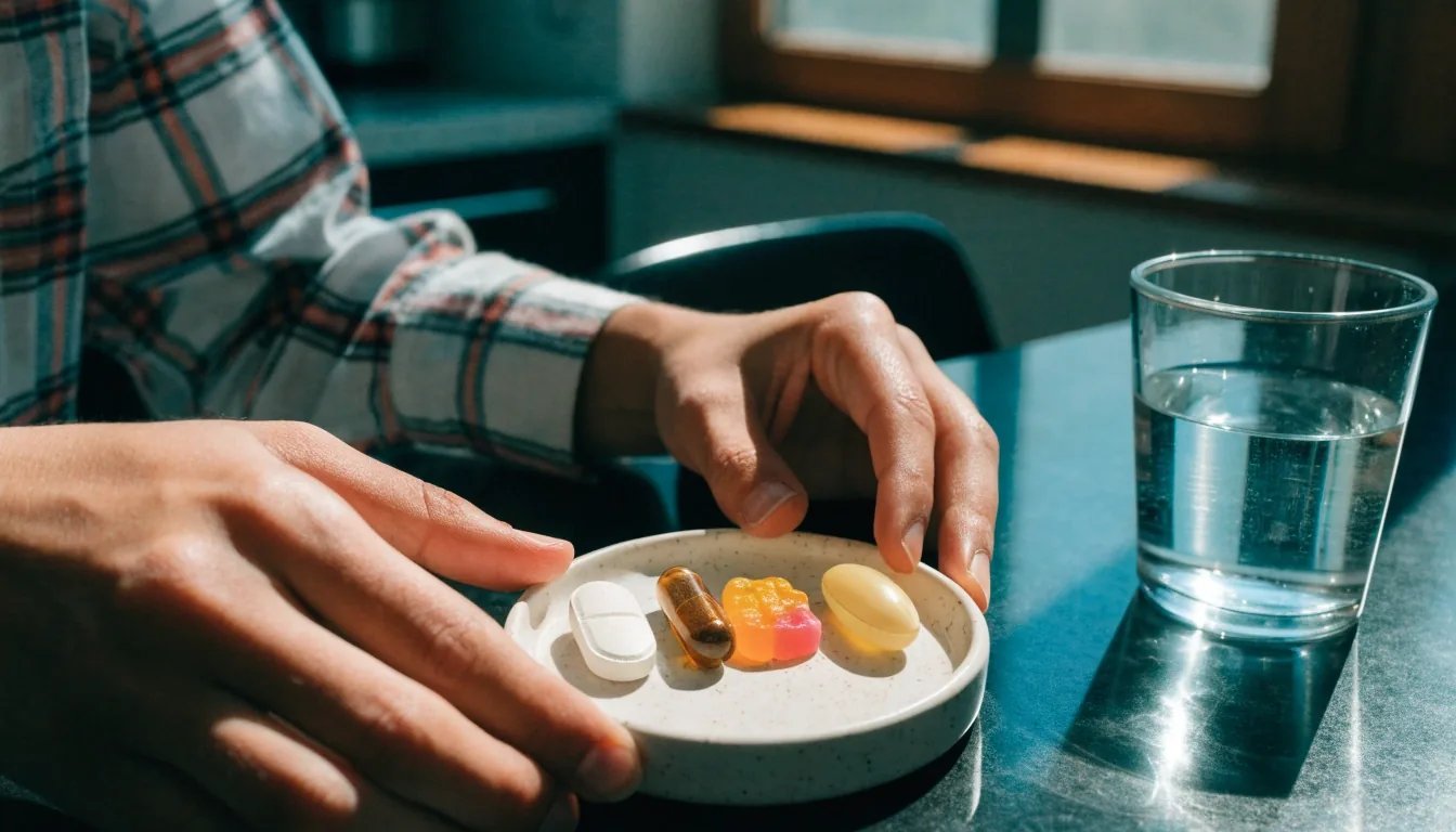 A single unlabeled multivitamin tablet split in half on matte cloth under hard raking light