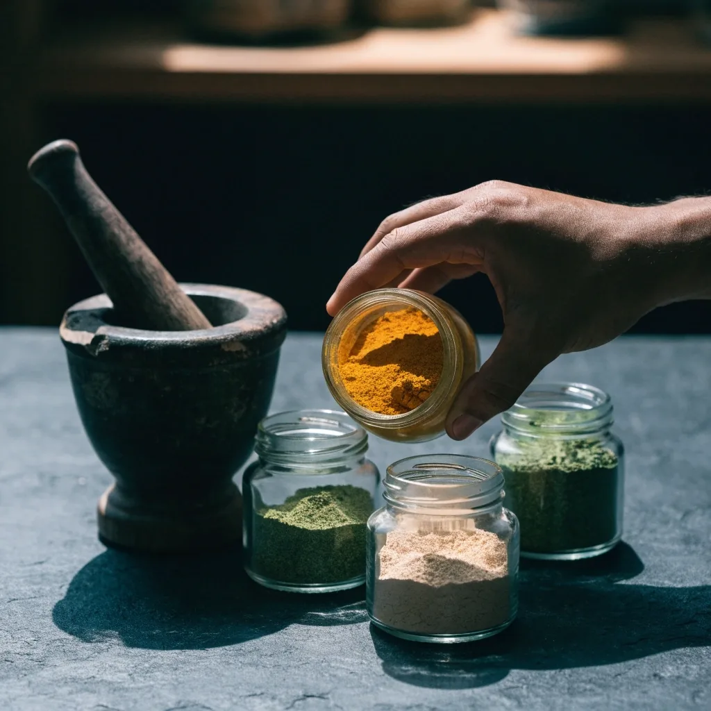 Small open glass jars of unlabeled ground herbs and powders arranged on dark cloth